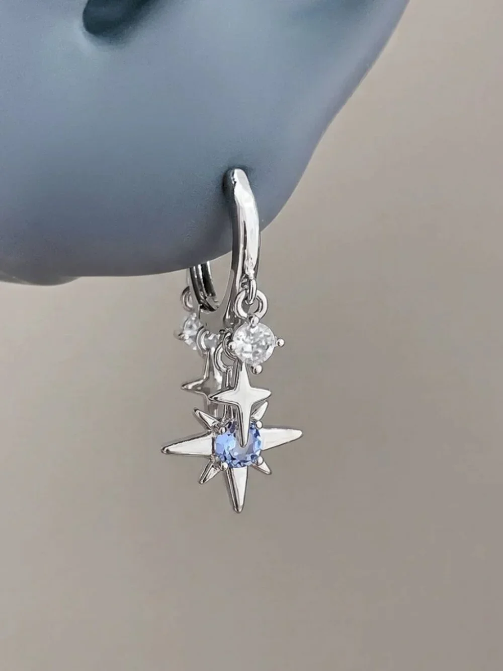 MOS COLLECTION Silver Celestial Star Drop Huggie Earrings Blue CZ Star Earrings